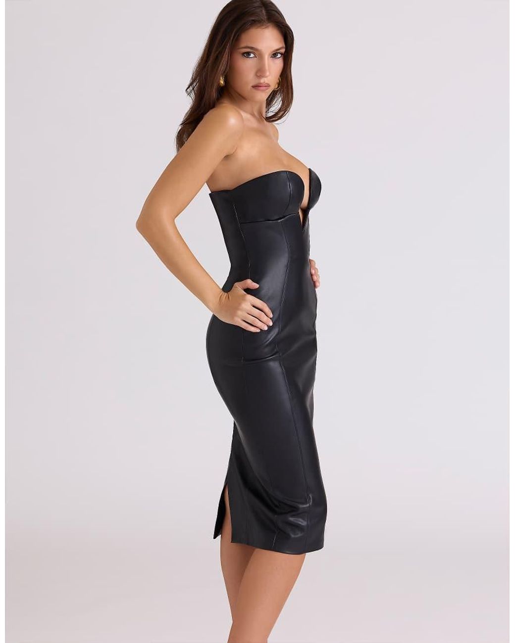 House Of Cb Black Shia Vegan Leather Strapless Midi Dress