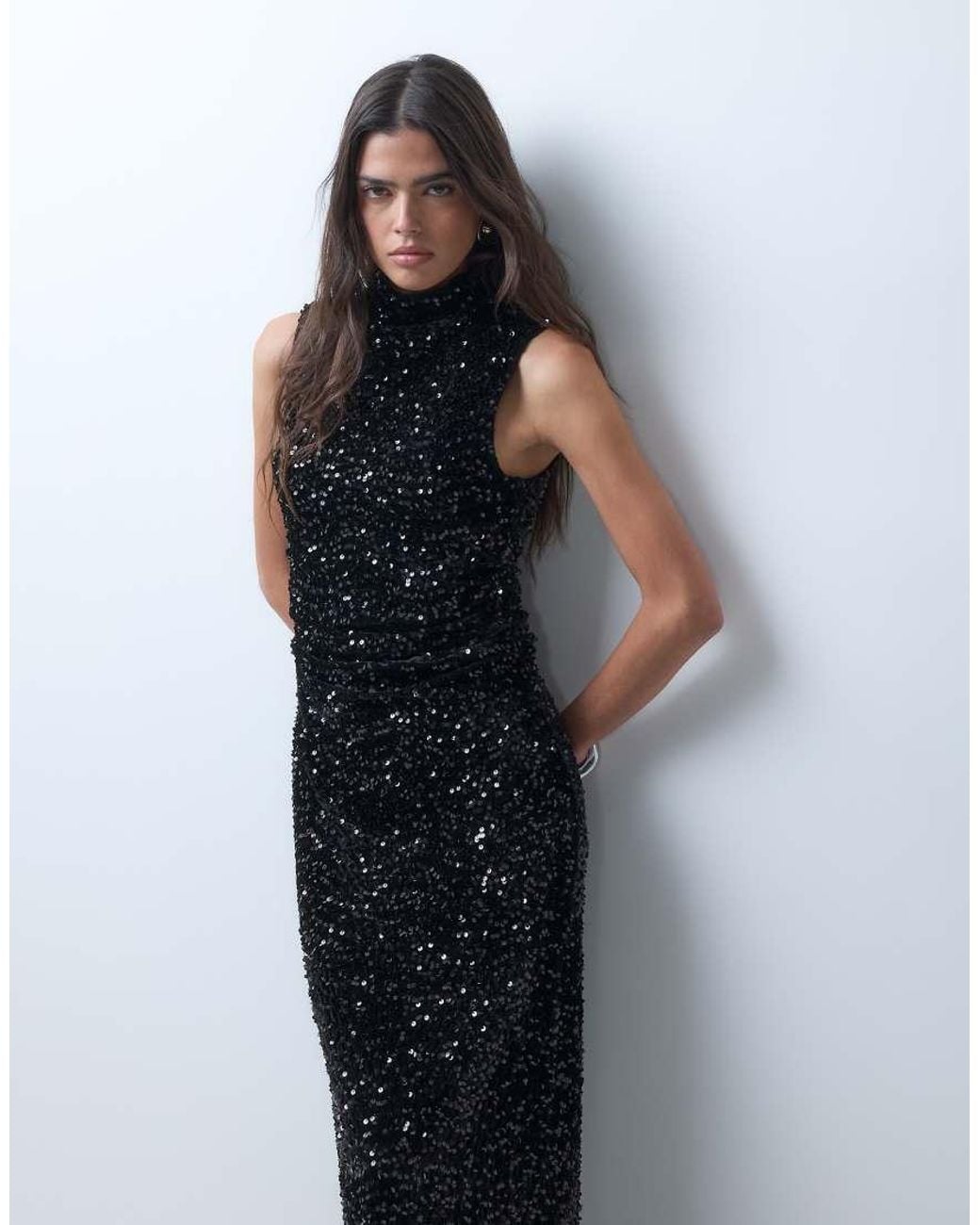 ASOS Blue Velvet Sequin Shoulder Pad Mesh Maxi Dress