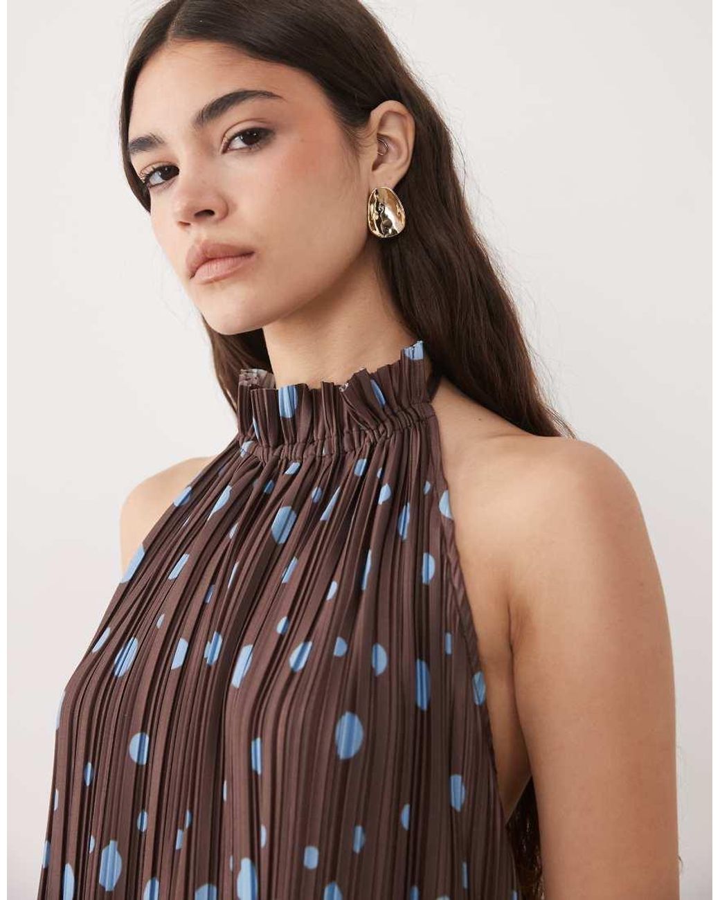 ASOS Brown Plisse Halterneck Midi Dress