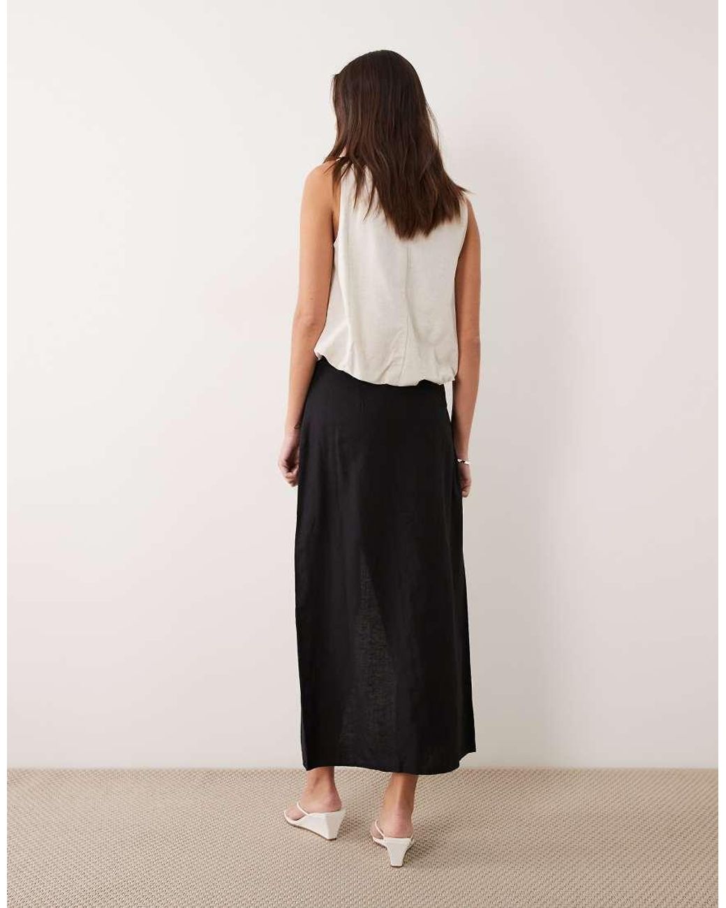 Vila Natural Linen Touch Button Front Midi Skirt