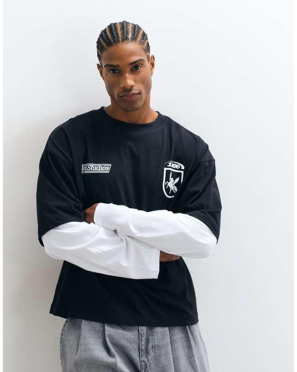 ASOS Blue Boxy Oversized Double Layer Long Sleeve T-shirt With Street Graphic for men