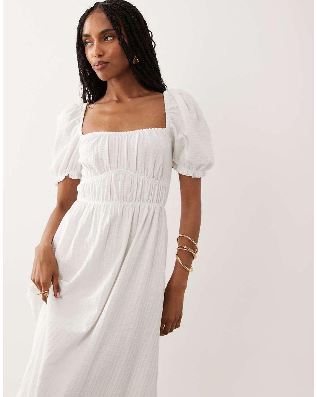 Miss Selfridge Natural Seersucker Puff Sleeve Milkmaid Maxi Dress
