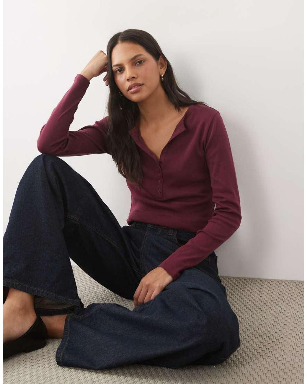 Abercrombie & Fitch Red Ribbed Long Sleeve Crew Neck Henley Top