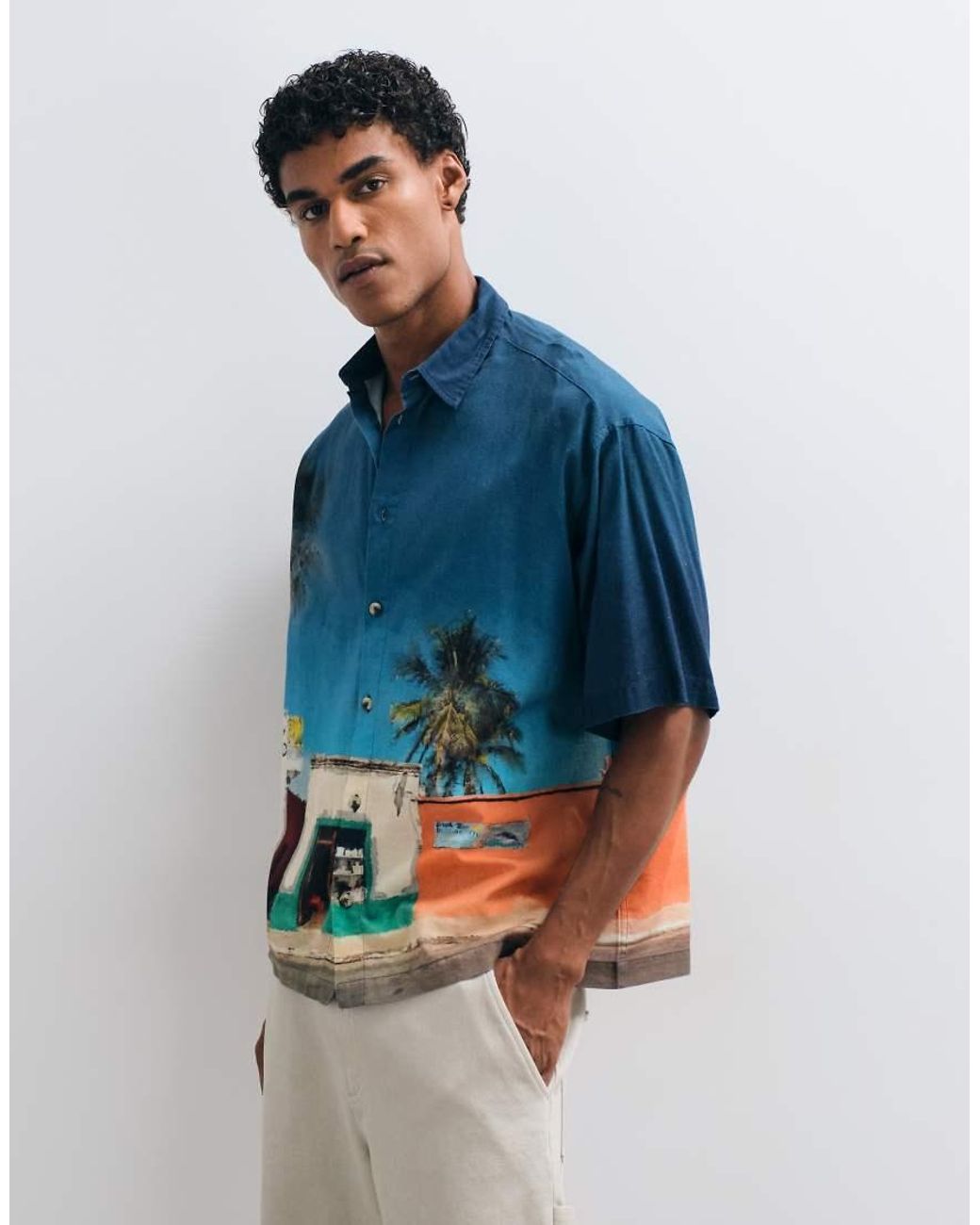 ASOS Blue Oversized Holiday Print Shirt With Linen for men