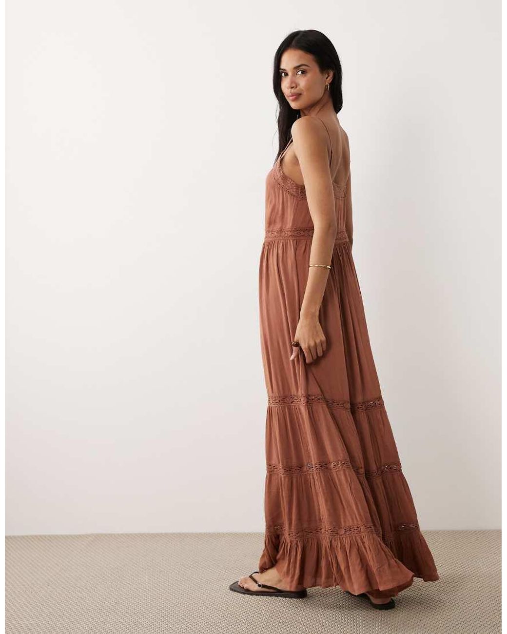 Iisla & Bird Brown Semi Sheer Button Down Maxi Dress With Lace Detail