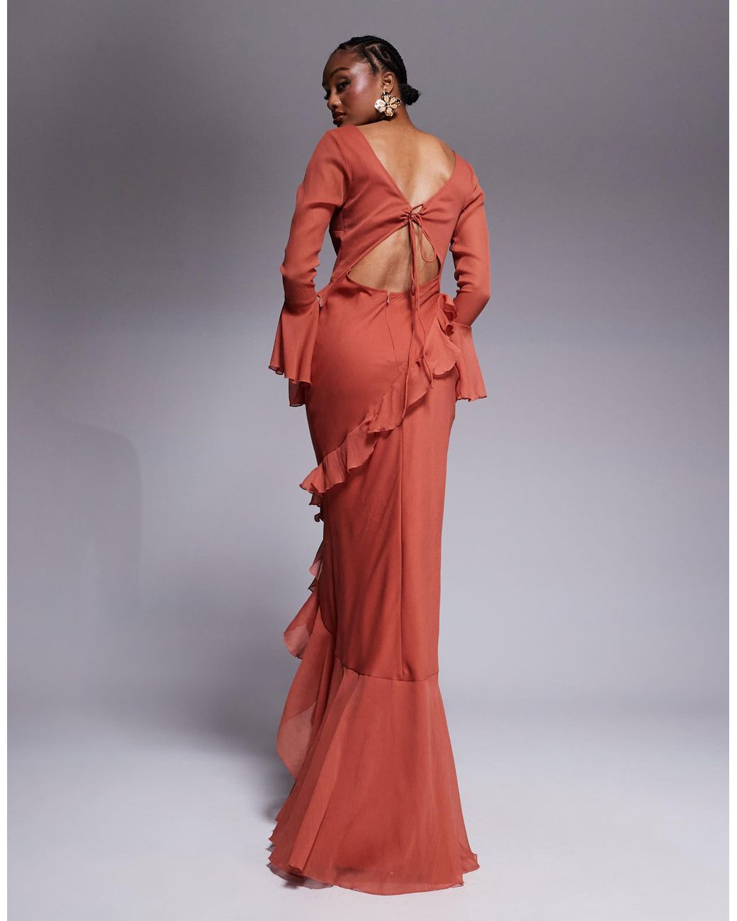 ASOS Asos Design Tall V Neck Long Sleeve Ruffle Maxi Dress With Cut Out  Back in Red | Lyst