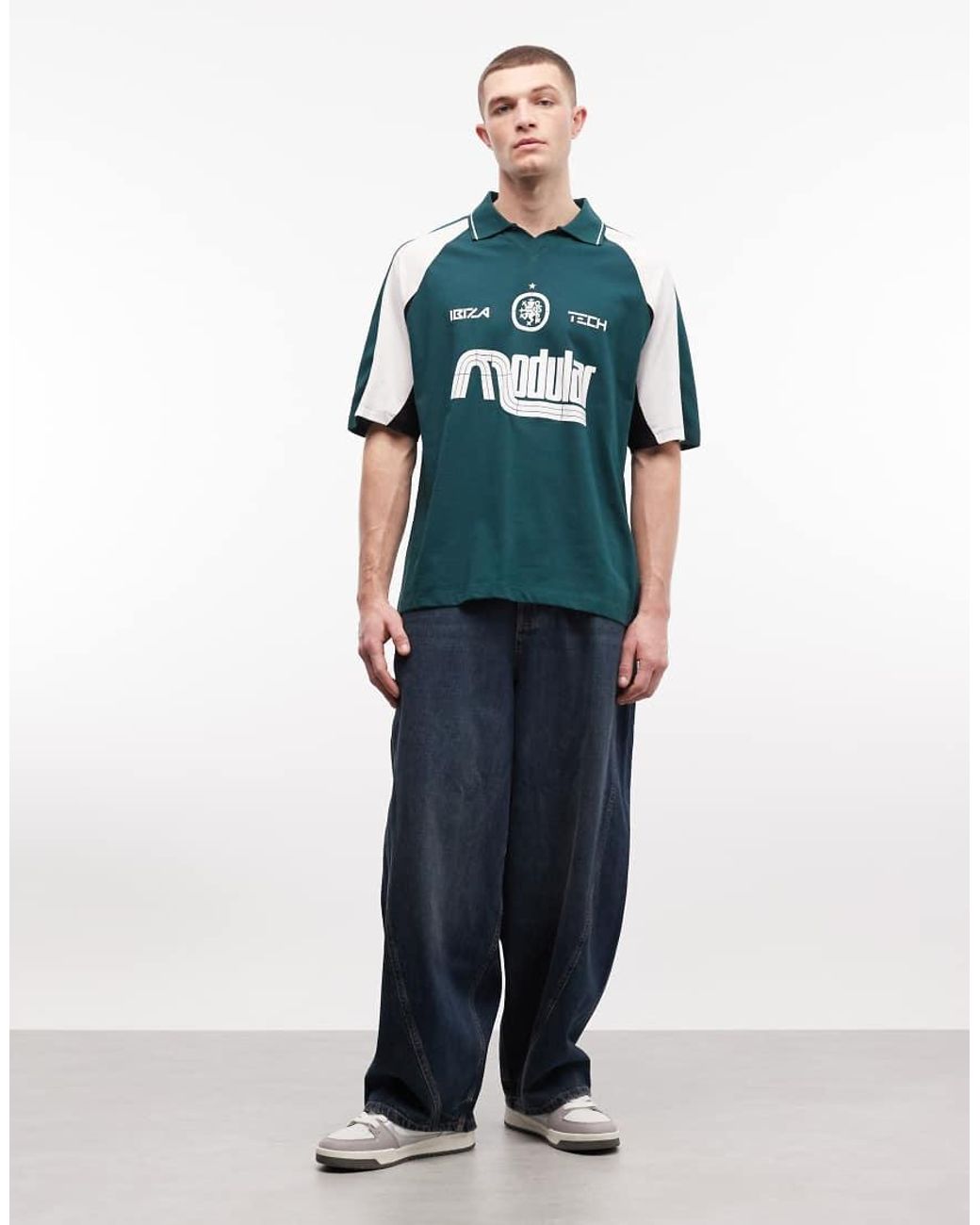 ASOS Blue Oversized Polo With Cut And Sew Panelling And Sports Graphic for men