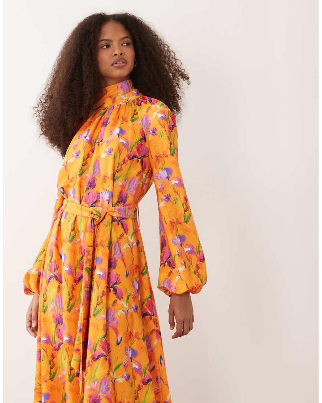 Iyal Orange High Neck Balloon Sleeve Tie Waist Maxi Dress