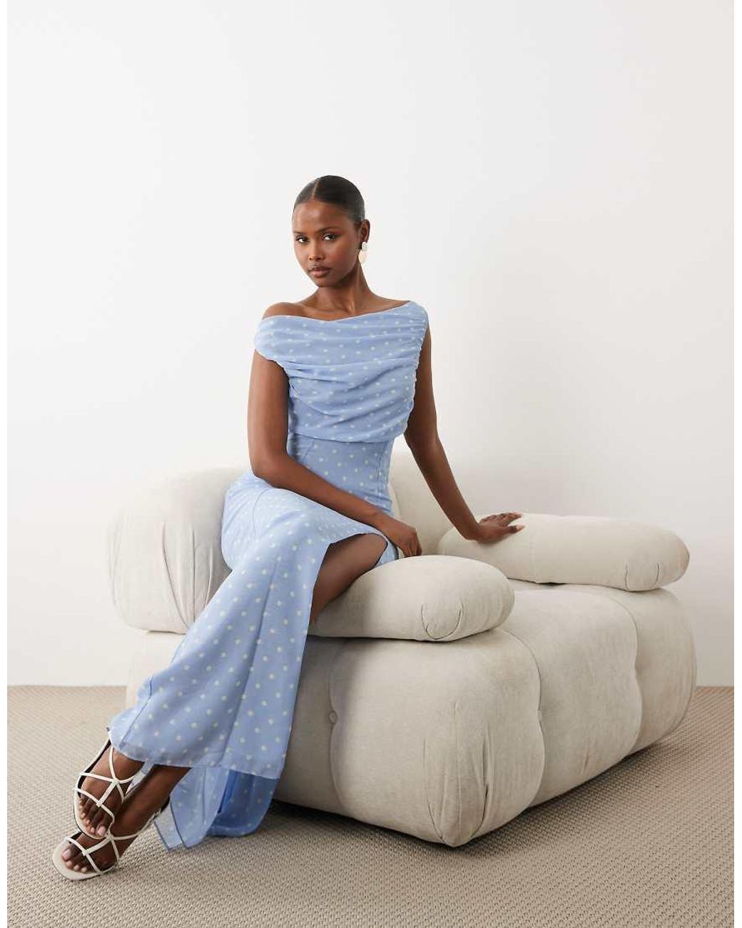 Oh Polly Blue Chiffon Asymmetric One Shoulder Thigh High Split Maxi Dress