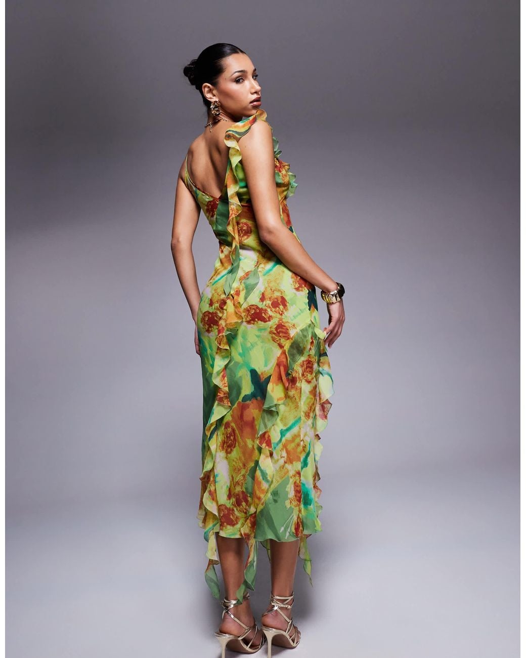 ASOS Green Plunge Lace Up Ruffle Cami Midi Dress Abstract Floral