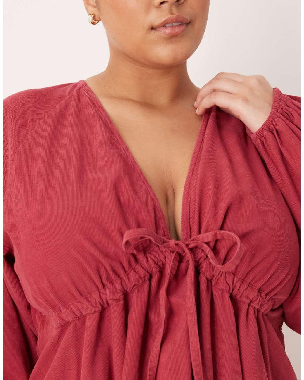 ASOS Red Asos Design Curve Cord V-neck Tie Bust Mini Dress With Volume Sleeve