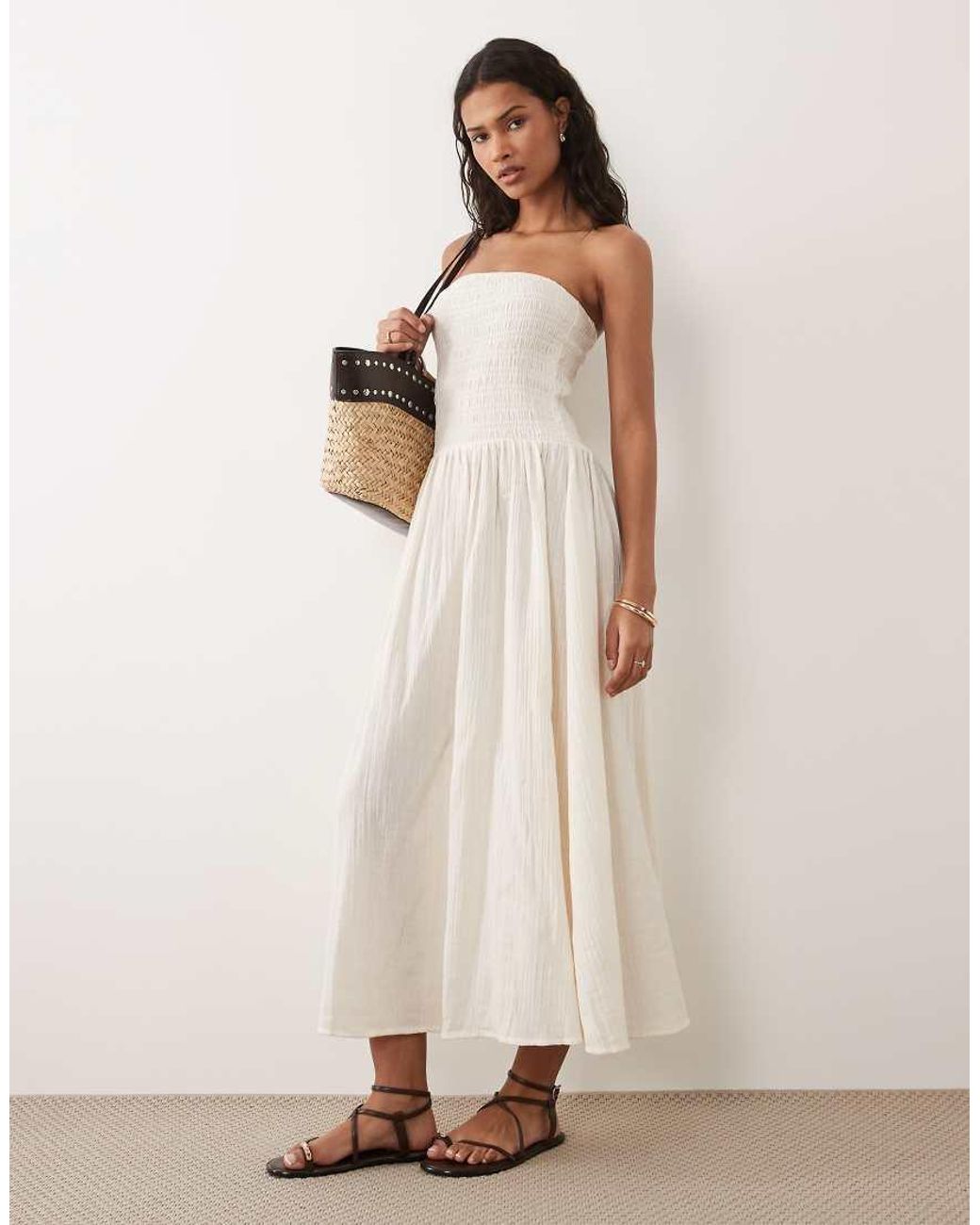 Brave Soul Natural Cheesecloth Strapless Midi Dress With Shirred Bodice