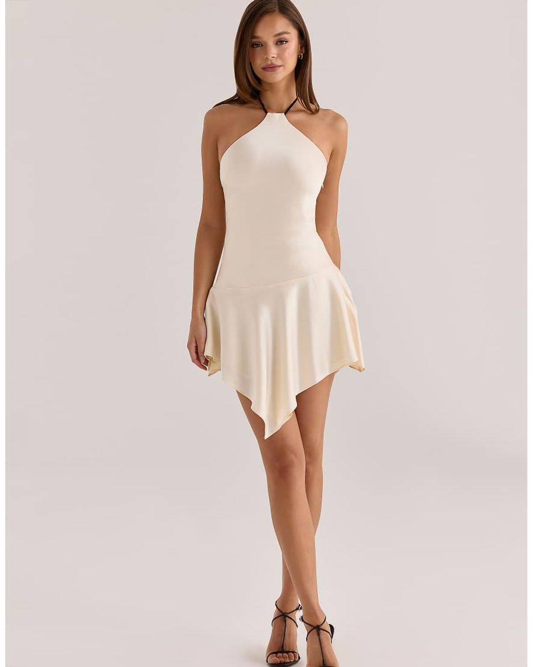 House Of Cb Natural Larissa Vintage Cream Satin Halter Neck Mini Dress