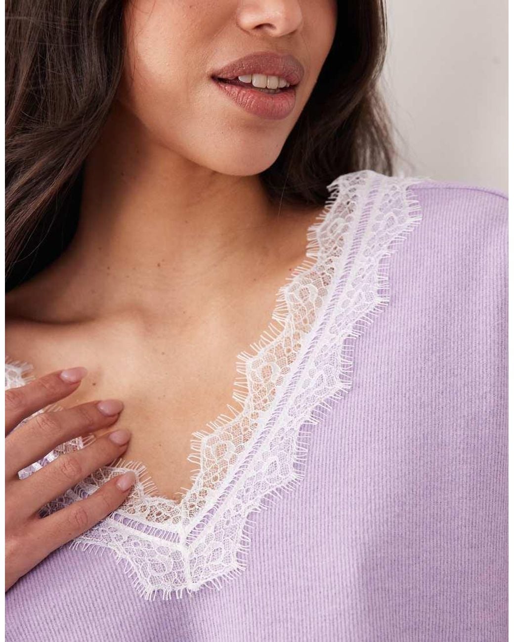 Miss Selfridge Purple Brushed Rib V-Neck Top With Lace