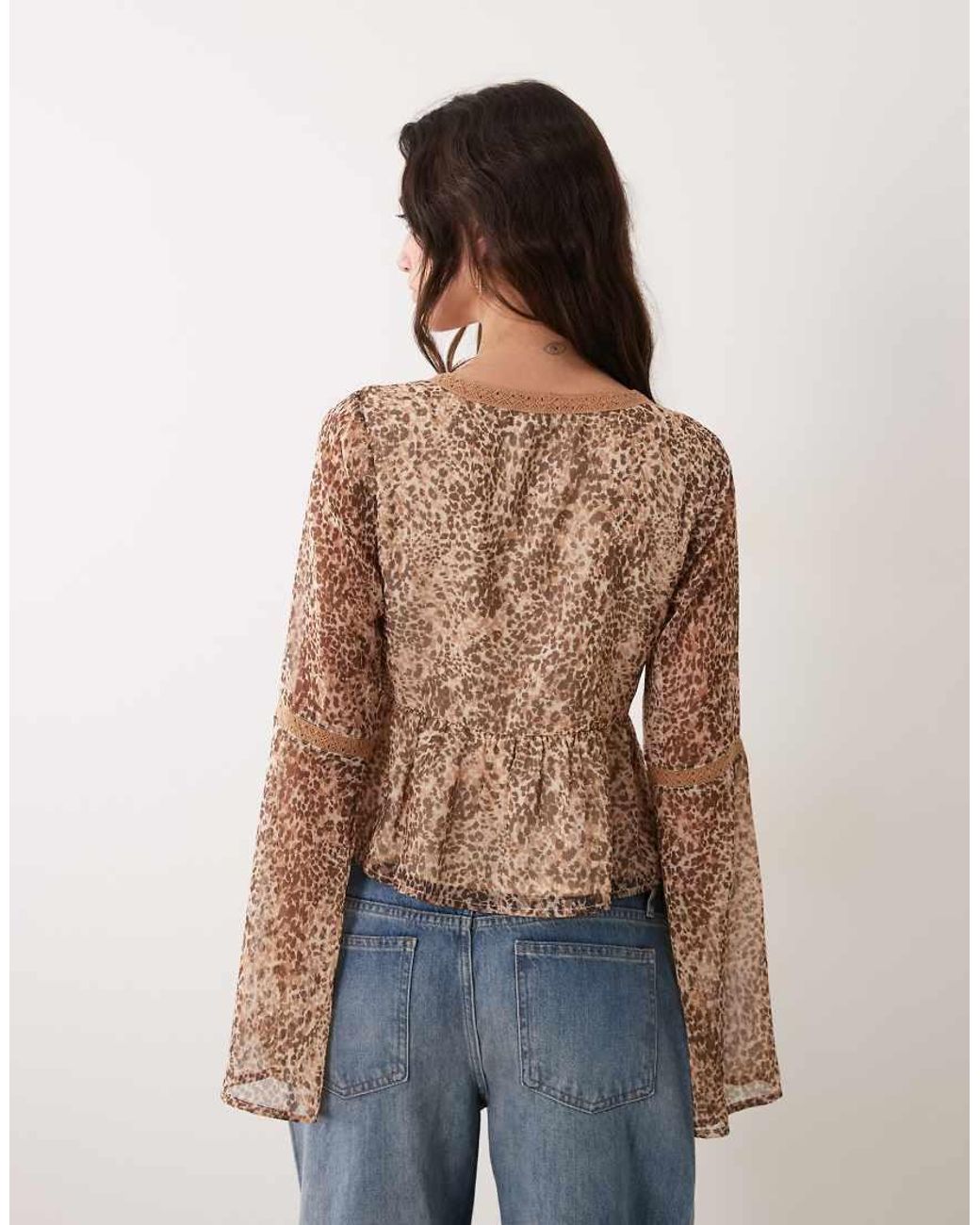 Miss Selfridge Brown Chiffon Fluted Sleeve Blouse