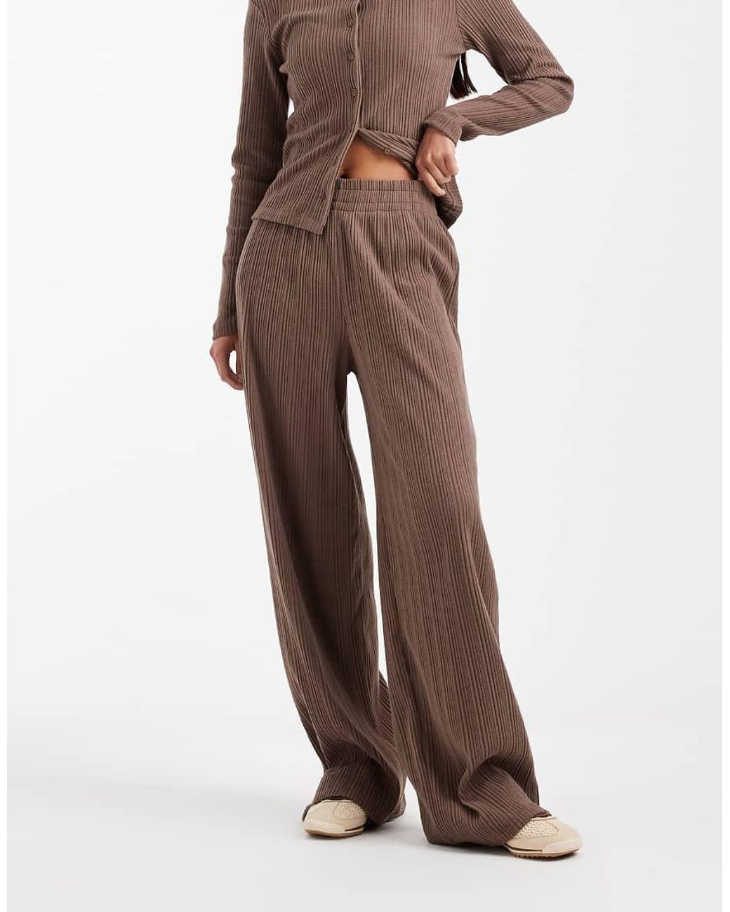 ASOS Brown Co-ord Wide Leg Brushed Rib Trouser