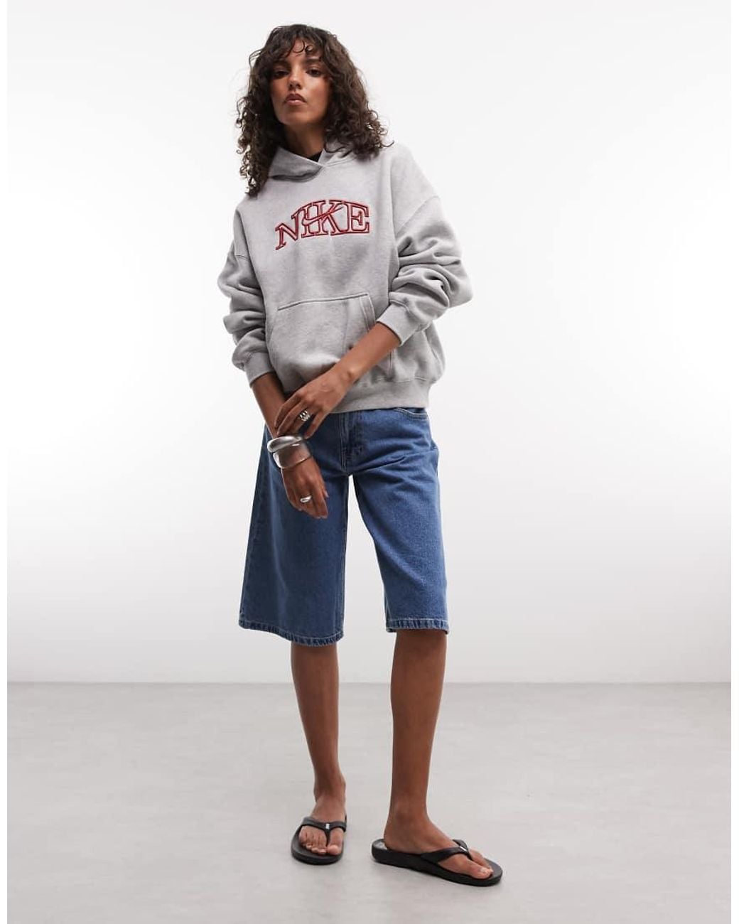 Nike Gray Studio Fleece Mid-weight Varsity Graphic Oversized Hoodie
