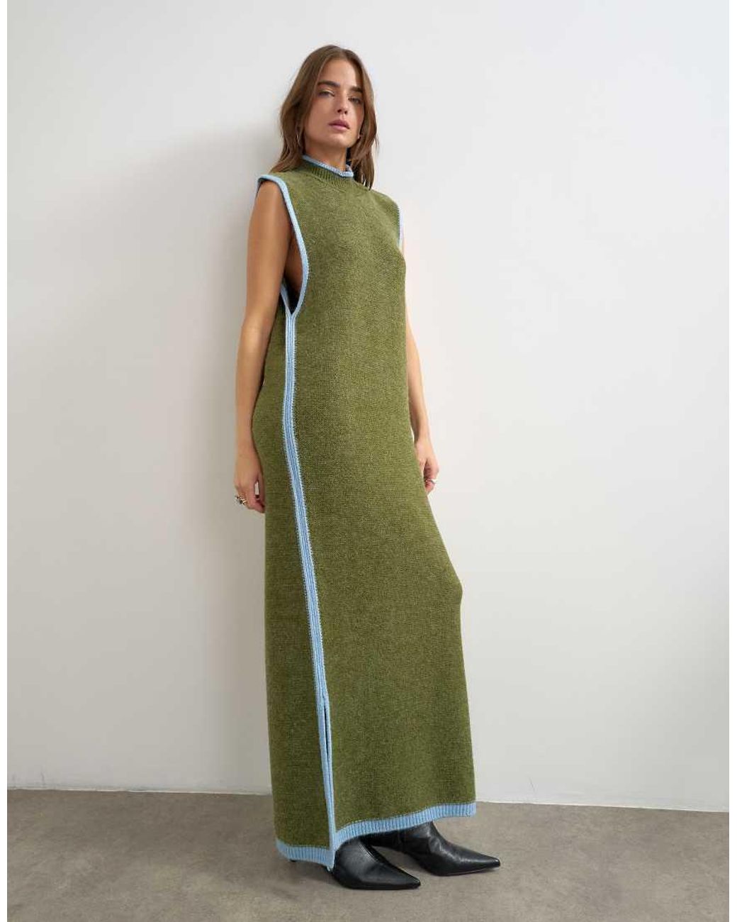 TOPSHOP Green Knitted High Neck Sleeveless Tunic Maxi Dress
