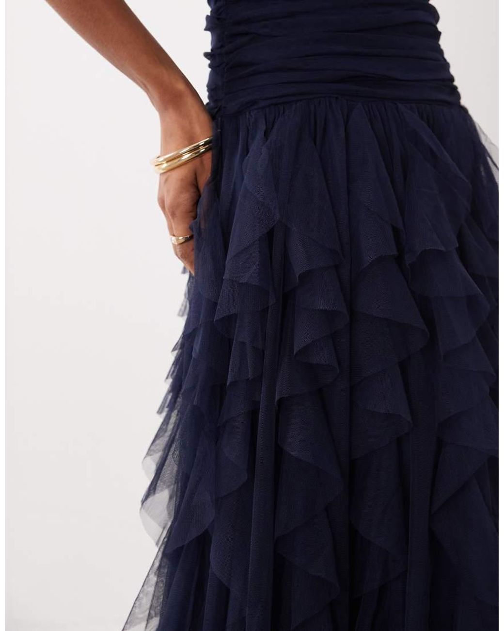 LACE & BEADS Blue Bridesmaid One Shoulder Waterfall Ruffle Maxi Dress