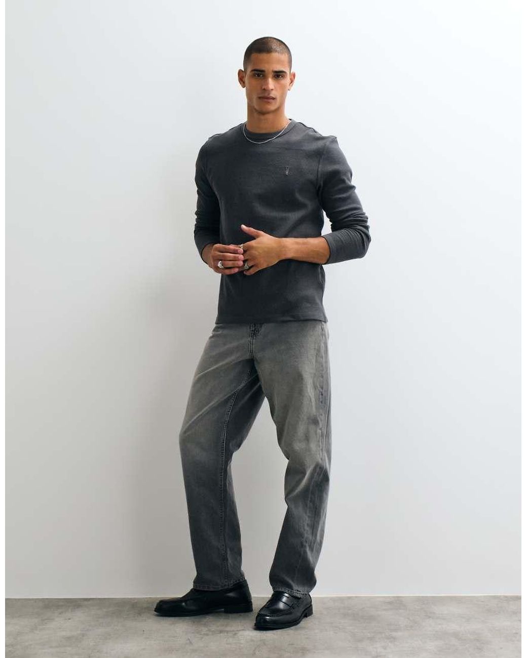 AllSaints Blue Ellis Long Sleeve Waffle Logo T-shirt for men