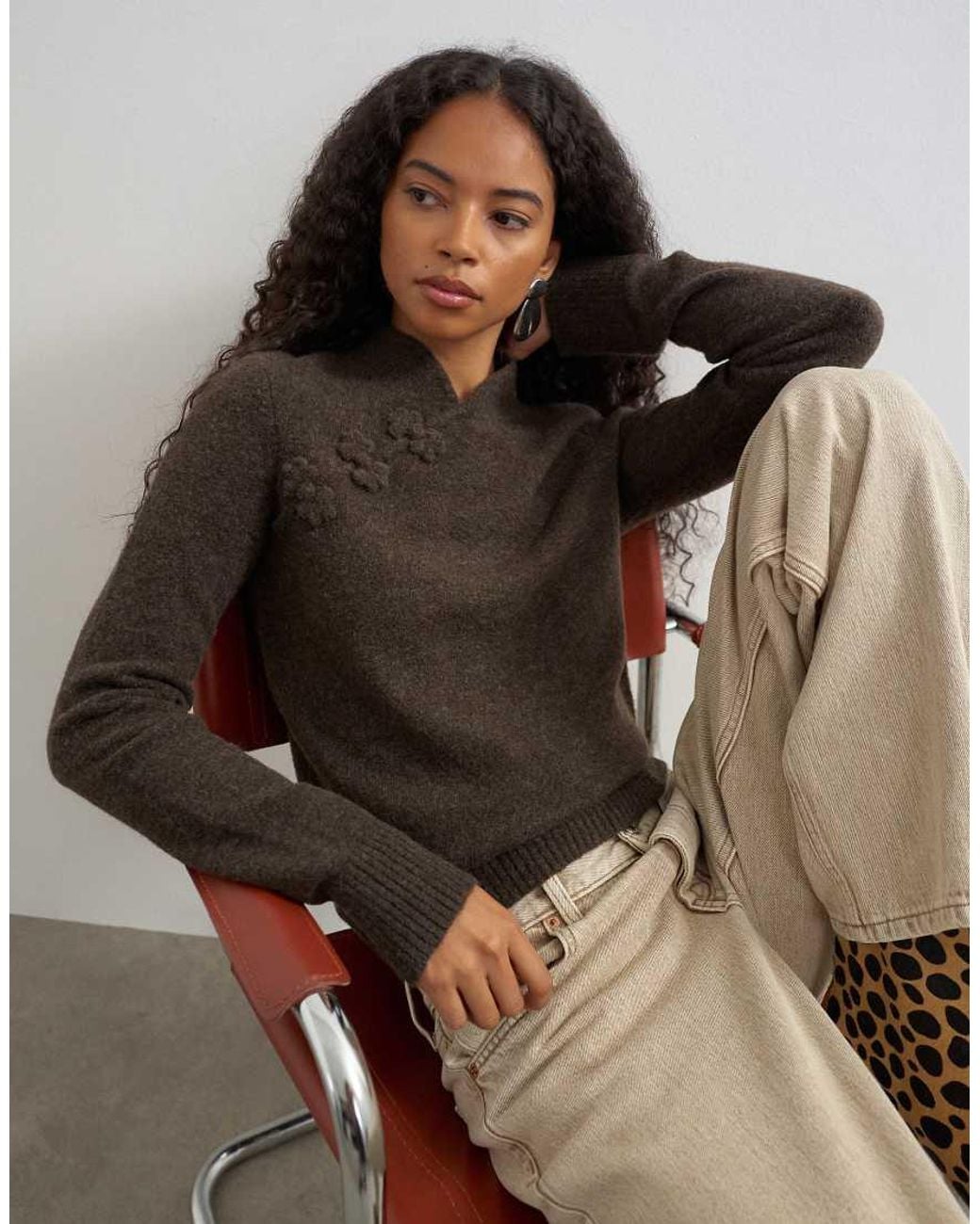 TOPSHOP Brown Knitted Deep Rib Mandarin Collar Long Sleeve Top With Wool