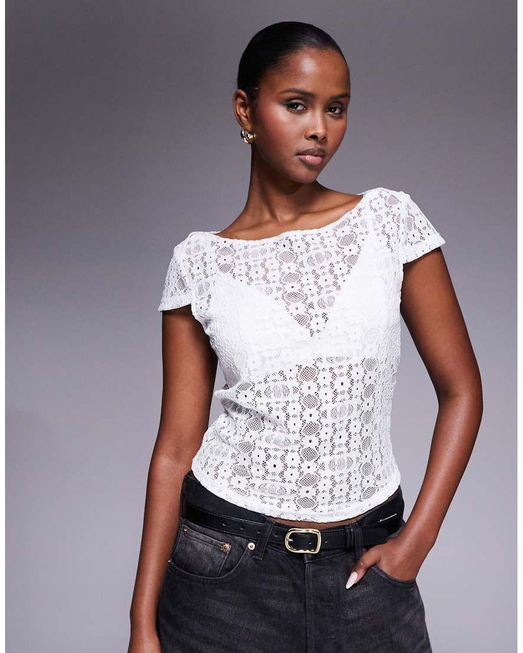 Abrand Jeans Gray Abrand Slash Neck Lace Cropped Tee