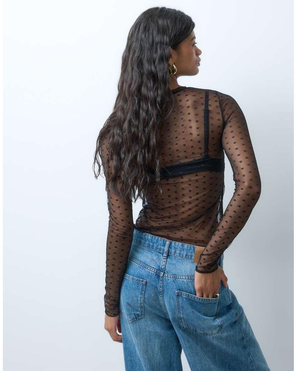 Noisy May Brown Long Sleeve Mesh Top With Hearts