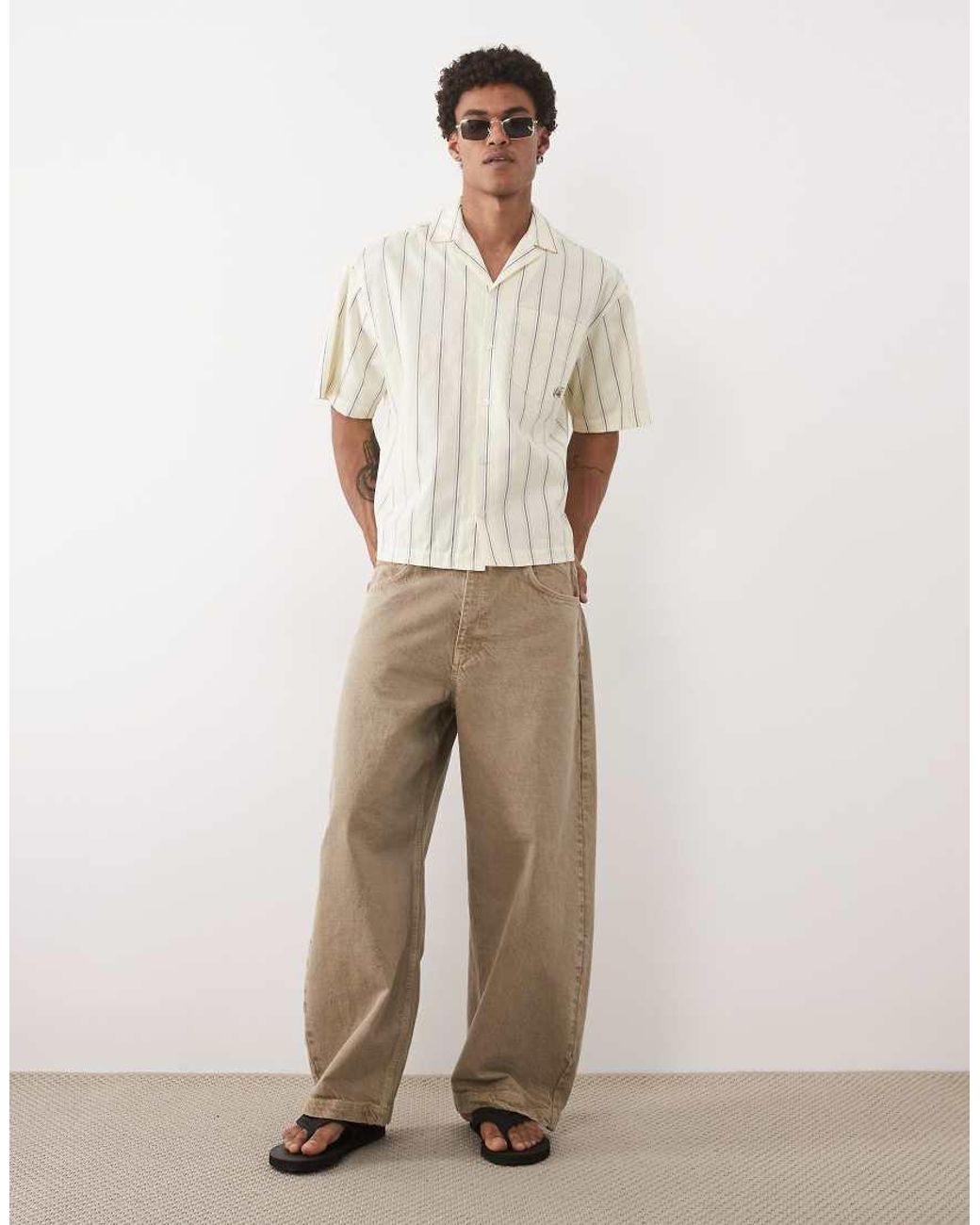 ASOS Natural Boxy Oversized Stripe Poplin Revere Shirt With Embroidery for men