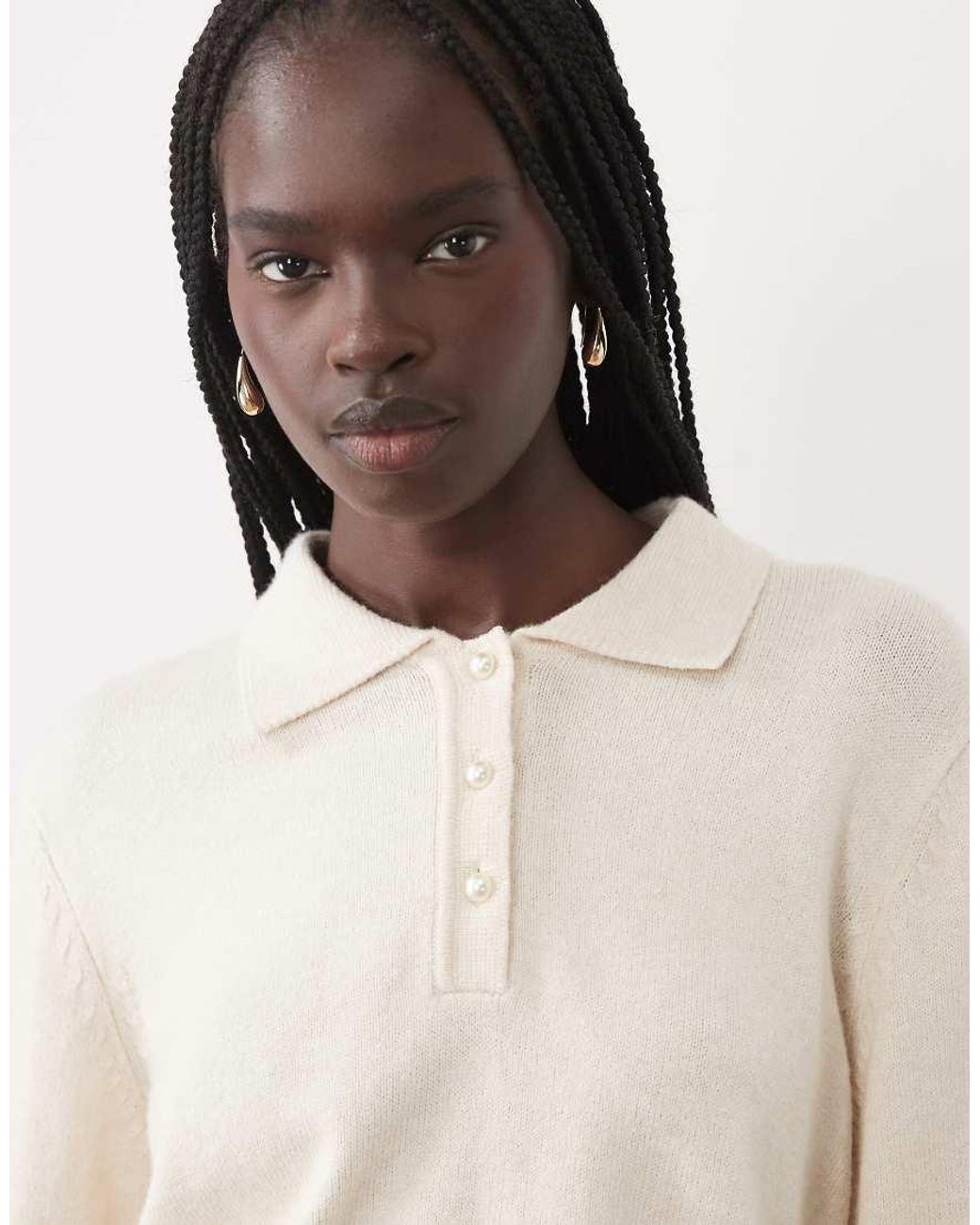 Vila Blue Long Sleeve Knit Polo Top With Pearl Buttons