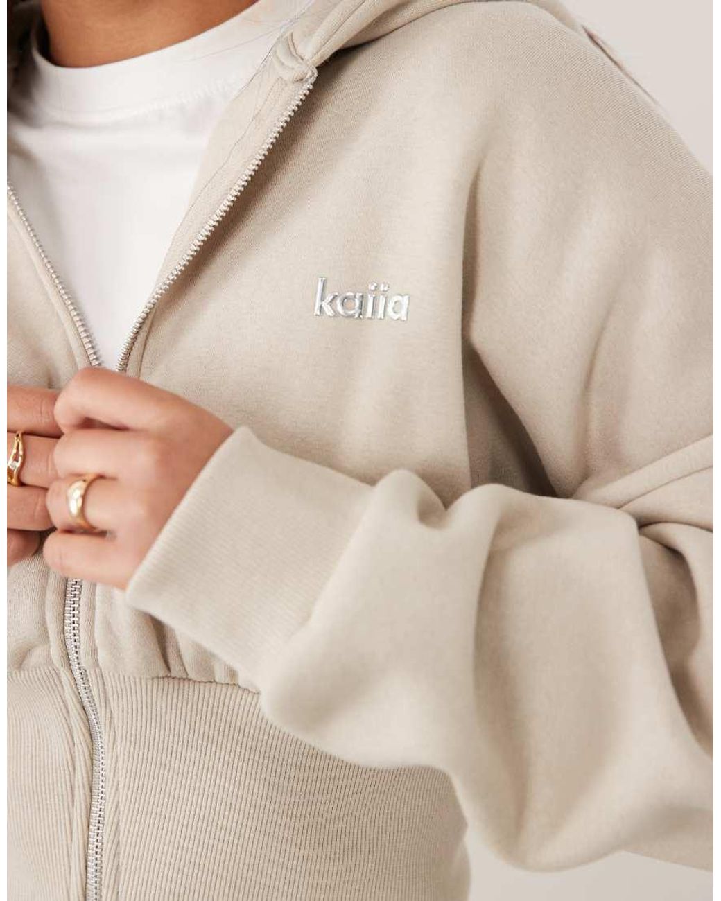 Kaiia Natural Cotton Rich Silver Hardware Logo Zip Through Cinched Waist Hoodie