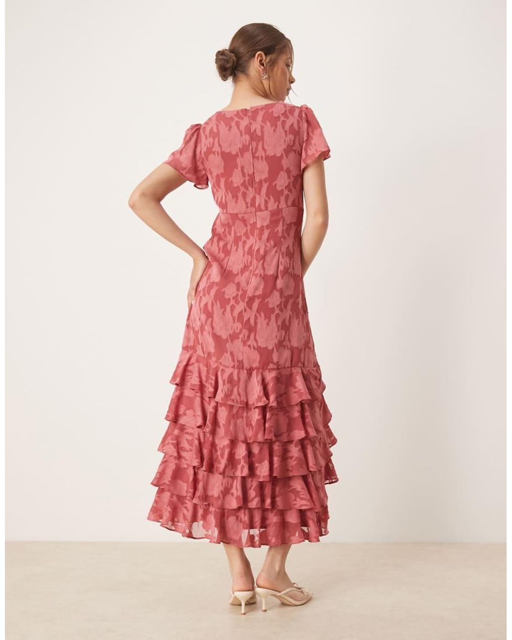 ANAYA Red V Neck Short Sleeve Ruffle Midaxi Dress