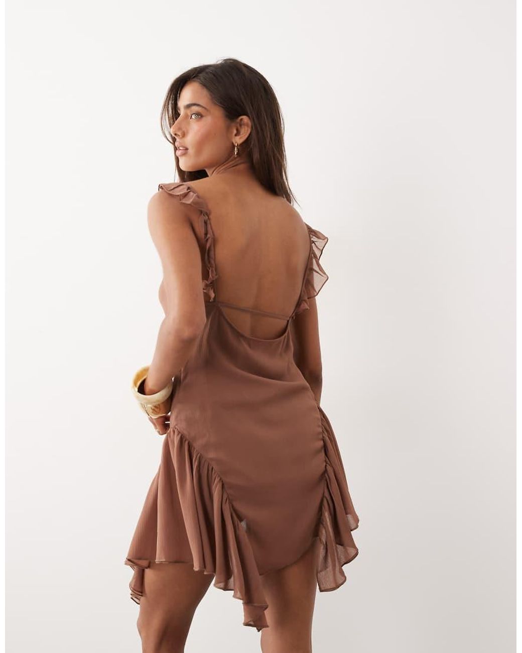 Monki Natural Asymmetric Ruffle Chiffon Mini Dress