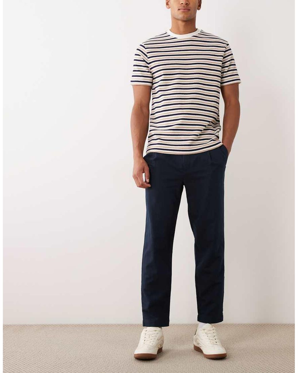 Mango Blue Linen Mix Tie Waist Pants for men