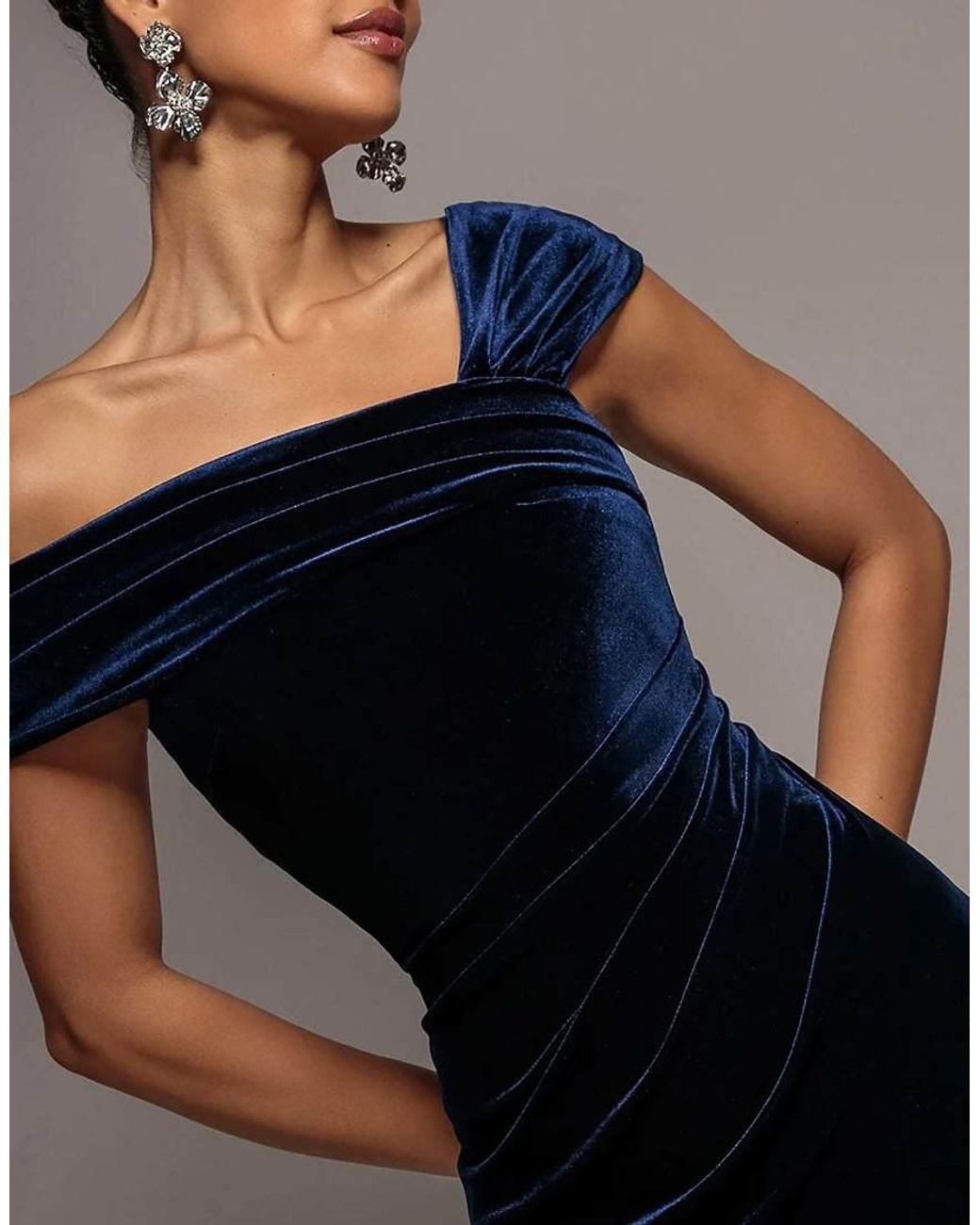 Goddiva Blue One Shoulder Velvet Maxi Dress