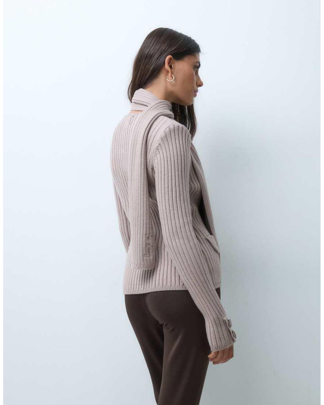 House Of Sunny Gray Power Peggy Classic Rib Knit Button Up Cardigan With Scarf