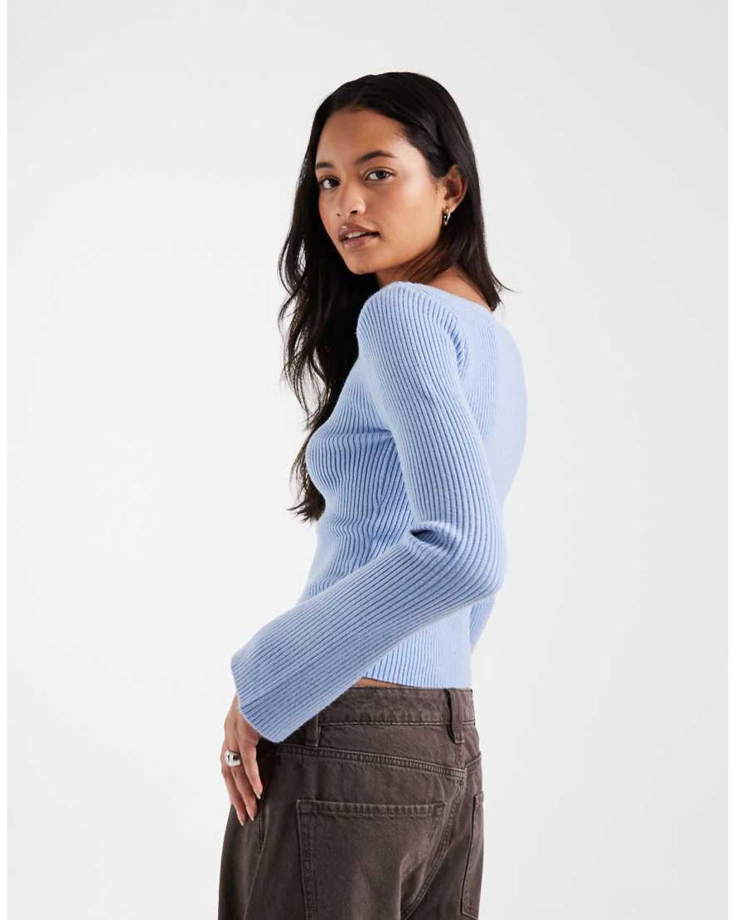 Hollister Blue Knitted Slash Neck Jumper With Bell Sleeves