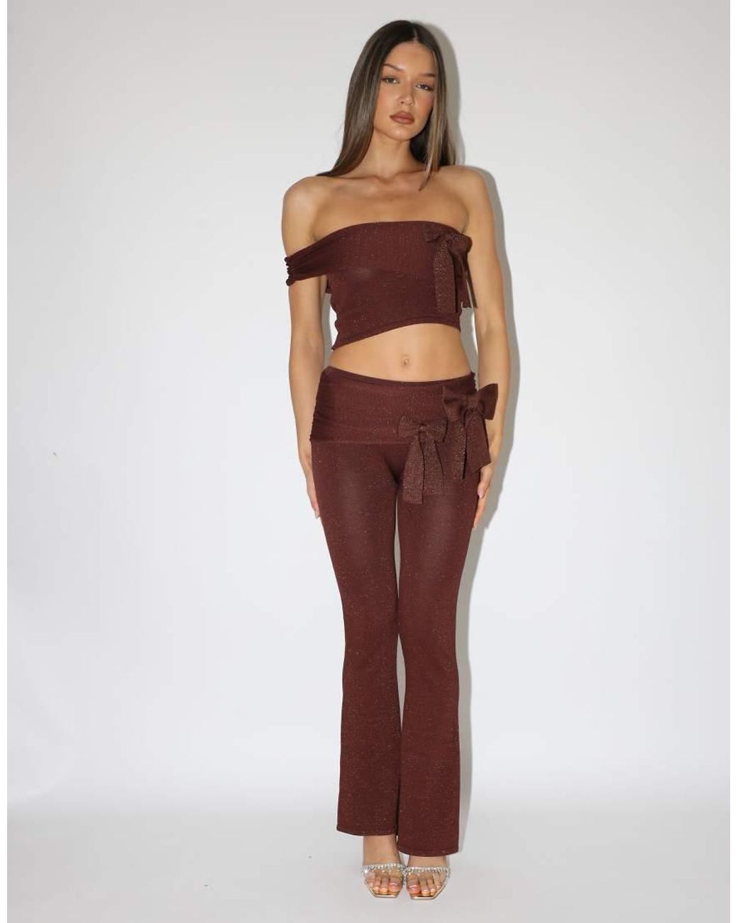 SIMMI Brown Calista Bow Knit Off-Shoulder Top