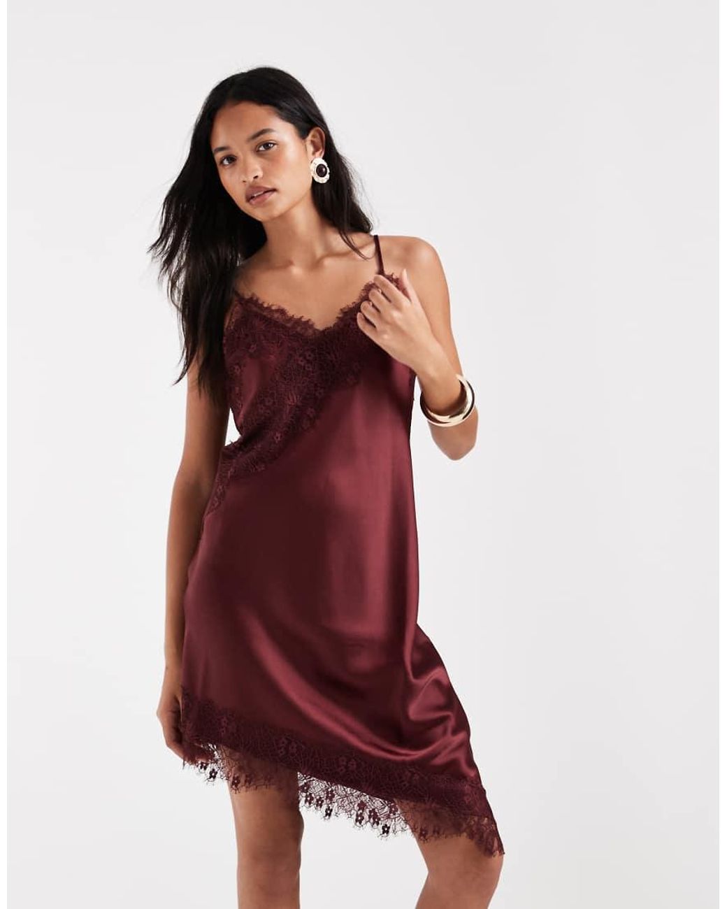 ONLY Red Asymmetric Lace Trim Satin Mini Dress