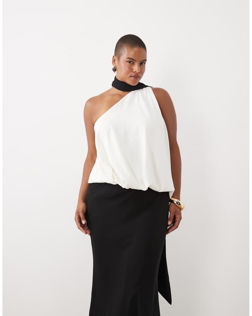 ASOS Black Asos Design Curve One Shoulder With Tie Neck Maxi Dress