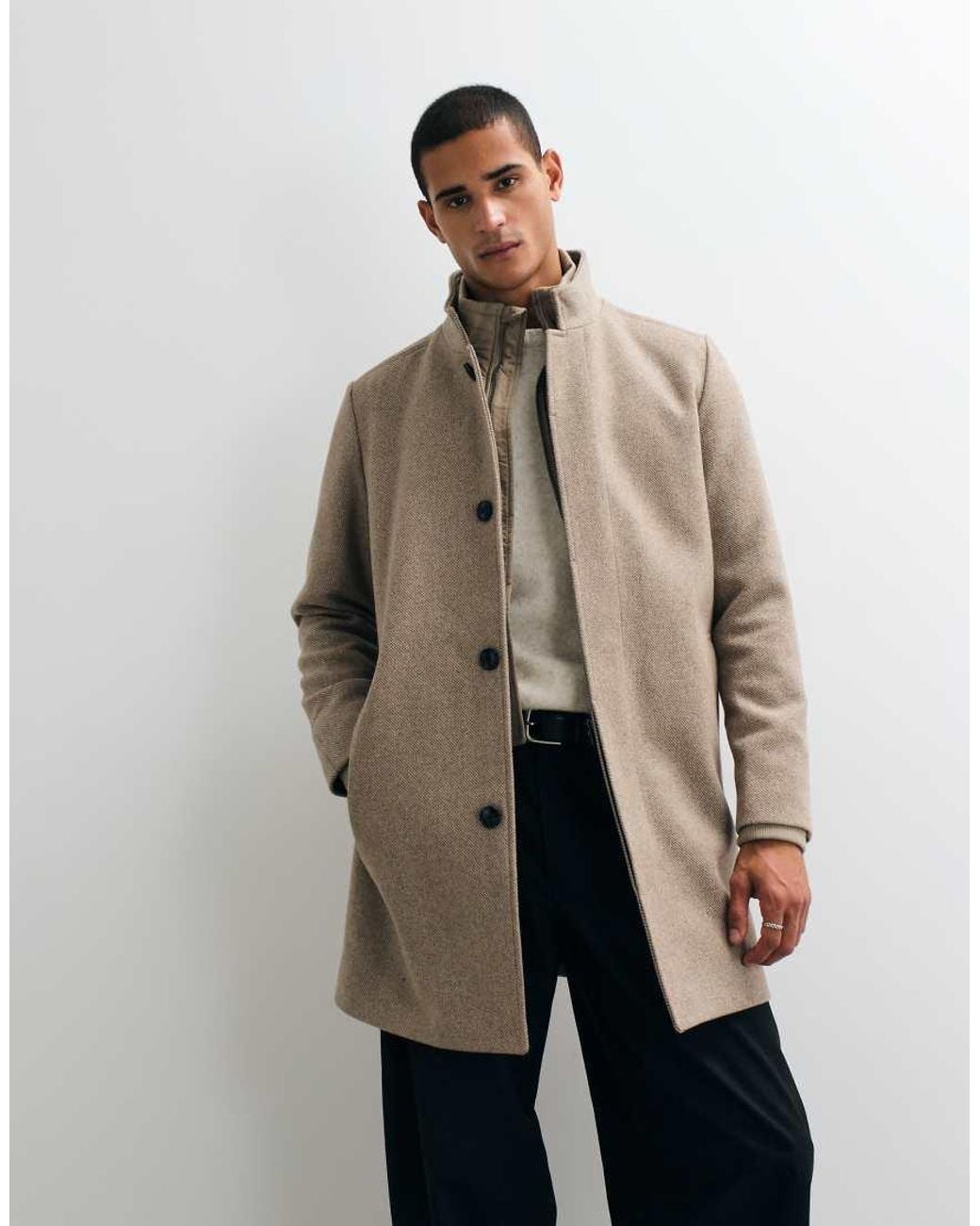 Jack & Jones Natural Wool Blend Coat With High Collar for men