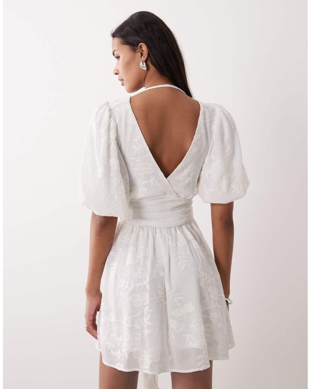 Gina Tricot Natural Embroidered Mini Dress With Puff Sleeves