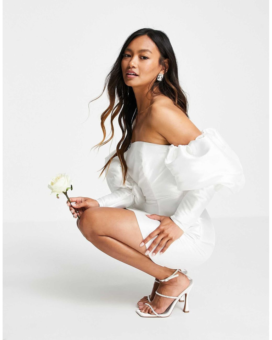 open lace back dress Rent ASOS EDITION Off Shoulder Textured Mini Dress With Blouson Sleeve In  Cream main image 0