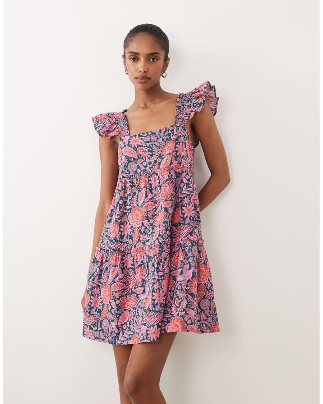 Accessorize Red Floral Mini Beach Dress With Frill Straps