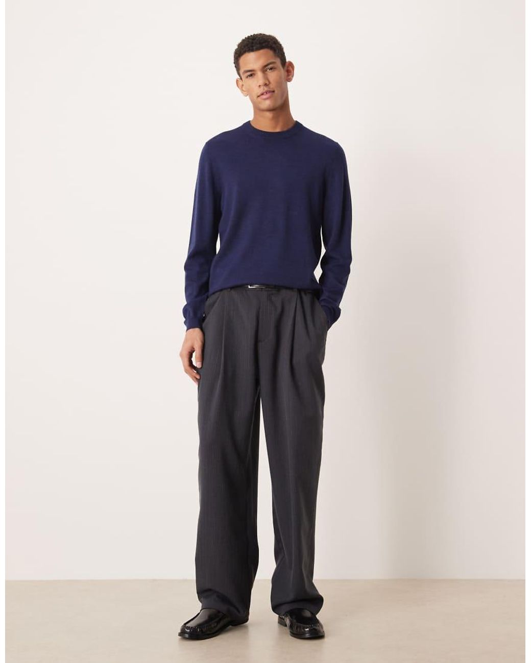 ASOS Blue Knitted Long Sleeve Pure Merino Wool Crew Neck for men