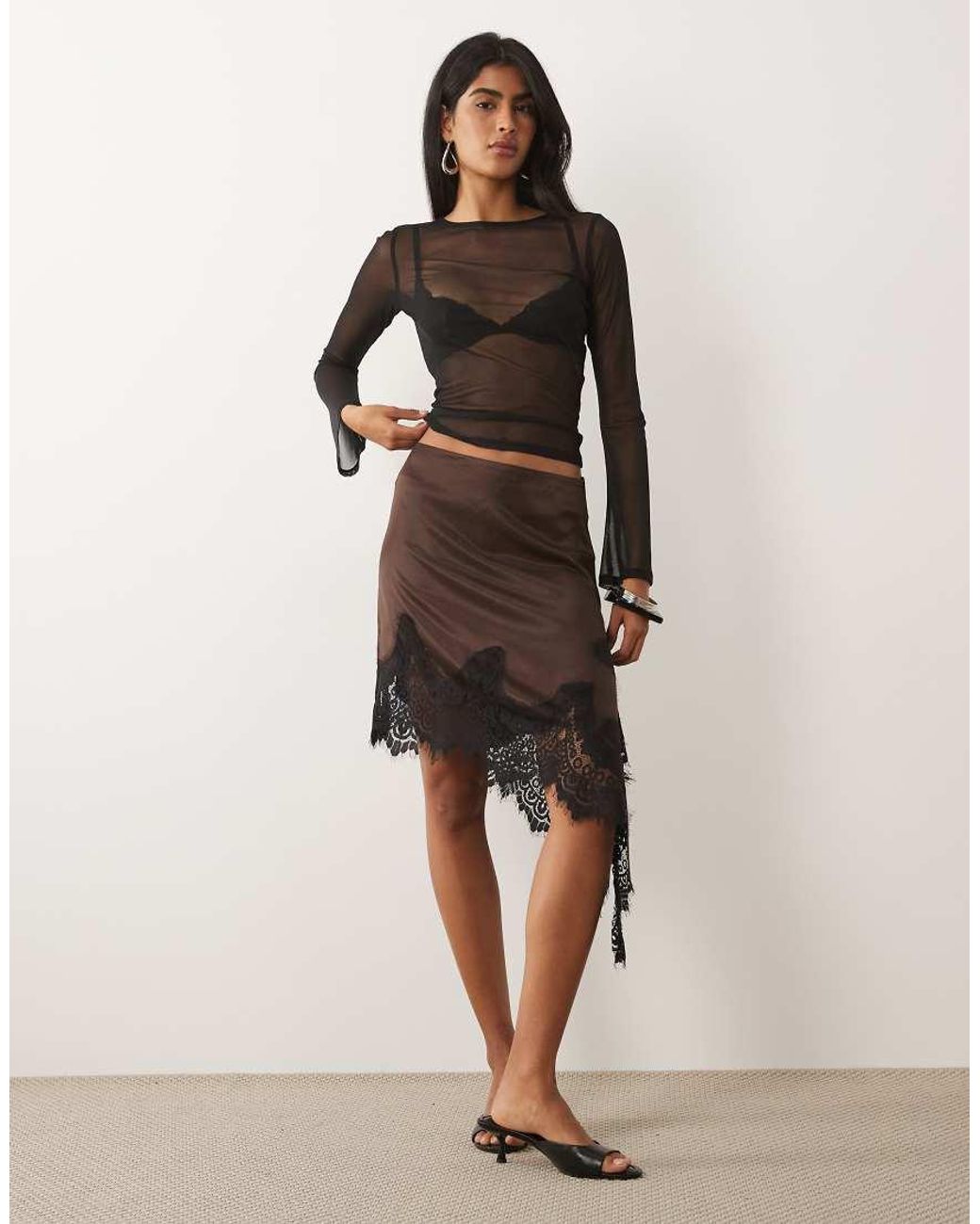 ASOS Black Sheer Mesh Flare Long Sleeve Top