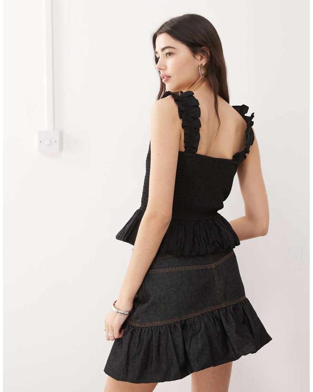 Collusion Black Woven Shirred Cami Top With Bubble Hem