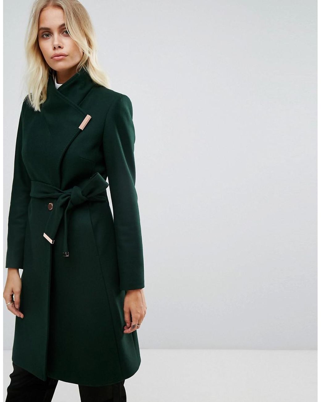 Ted Baker Long Wrap Coat With Collar in Green | Lyst