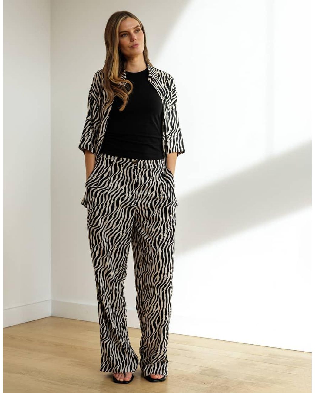French Connection Black Tiger Print Wide Leg Relaxed Fit Trousers