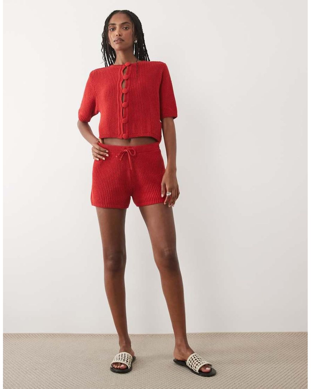 ASOS Red Knitted Cotton Blend Cardigan Co-ord