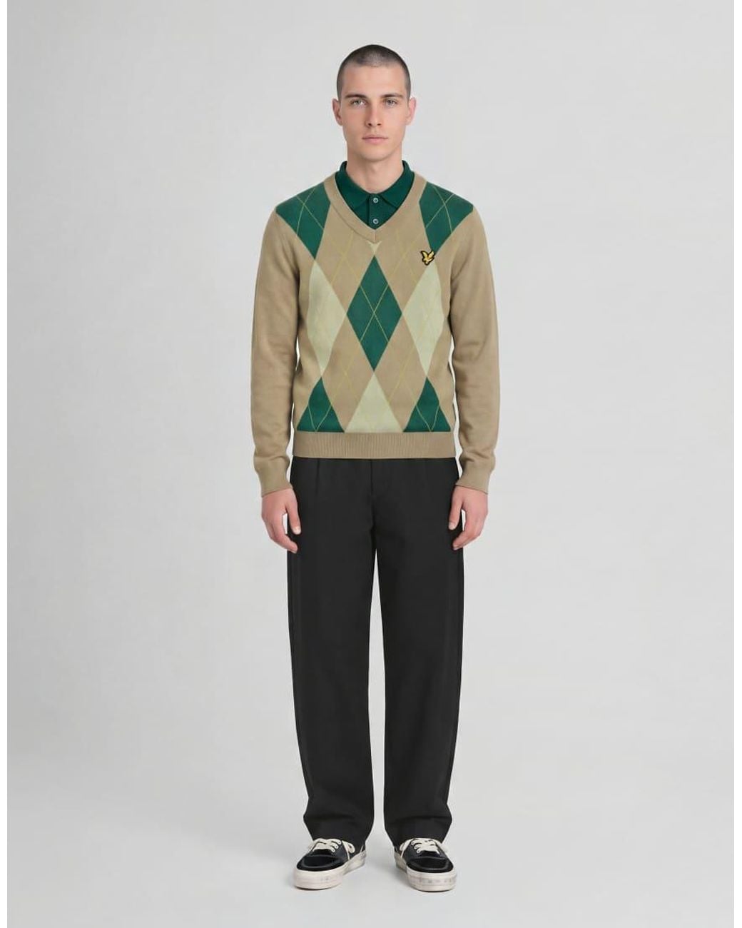 Lyle & Scott Green Mid Knits Argyle Knitted V-Neck Jumper for men
